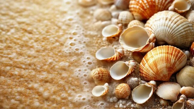 Seashells on Sandy Beach with Ocean Waves
