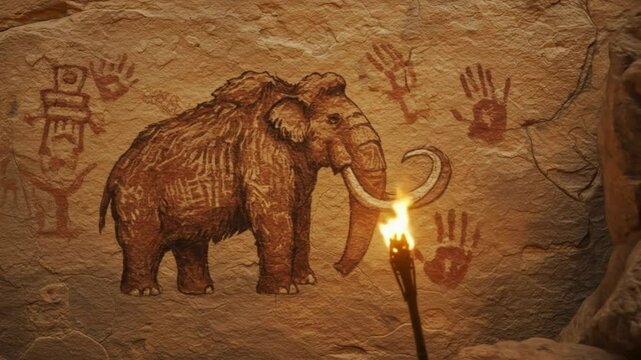 Prehistoric mammoth rock art illuminated by glowing lights in a mystical cave video with copy space