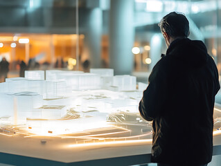 Obraz premium Man Observing Architectural Model in a Modern Building