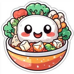 Fototapeta premium Kawaii Style Cute Animated Happy Dumpling and Cartoon Food Characters with Bright Colors: Vegetarian Bowl featuring Broccoli, Carrots, and Whimsical Sticker Art Design for Fun Cooking and Playful Meal
