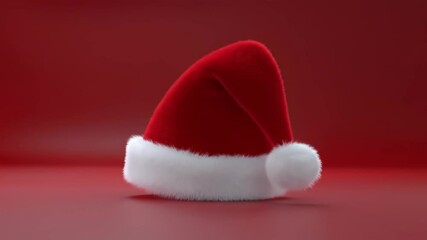 Gently rotating santa hat on red background, showcasing festive holiday cheer - Powered by Adobe