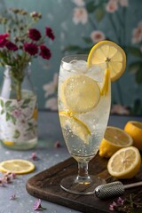Refreshing sparkling lemon water drink with ice