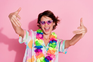 Photo of lovely young woman good mood dance wear shirt isolated on pink color background