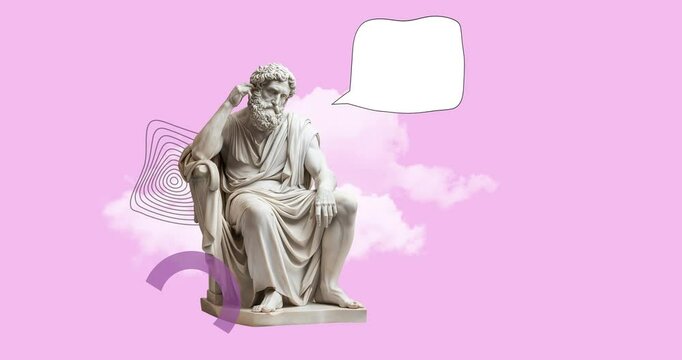 Contemplative marble statue representing thoughtful ancient greek philosopher, positioned near blank cartoon speech bubble, pink clouded backdrop. conceptual, ideation concept generation brainstorming