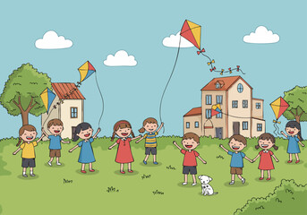 Children fly kites on a sunny day in a picturesque village. A joyful scene celebrating Child Labor Day. Bright, playful illustration.