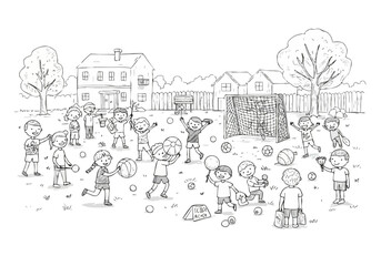 Children joyfully play soccer in a sunny backyard. A vibrant scene of childhood fun and freedom. Ideal for lifestyle and activity themes.