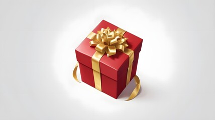 Red gift box with golden ribbon, perspective view