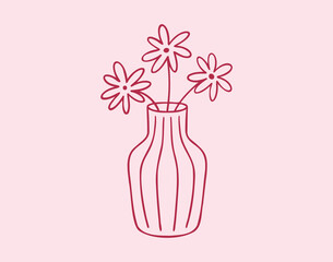 pink drawing cute vase with flowers line art. Hand drawn doodle outline bouquet simple floral decoration