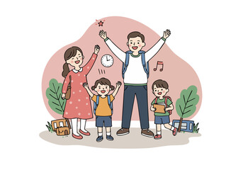A happy family celebrates school return with backpacks and music. A cheerful illustration depicting family togetherness and the start of the school year. Bright, playful style.