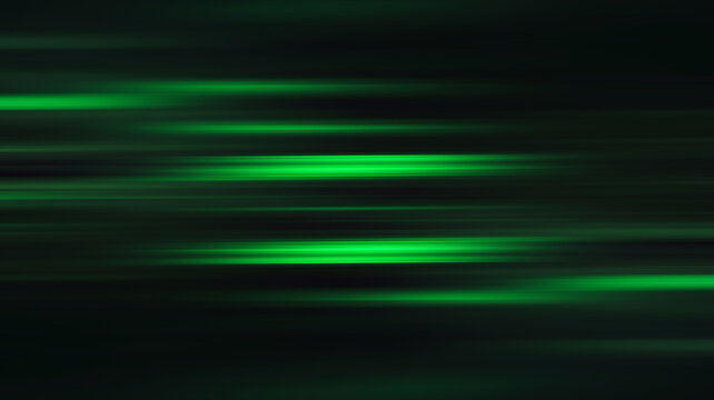 Dark abstract background with horizontal blurred green light streaks creating a sense of speed or motion. Modern design element for energetic tech visuals or futuristic digital art presentations.