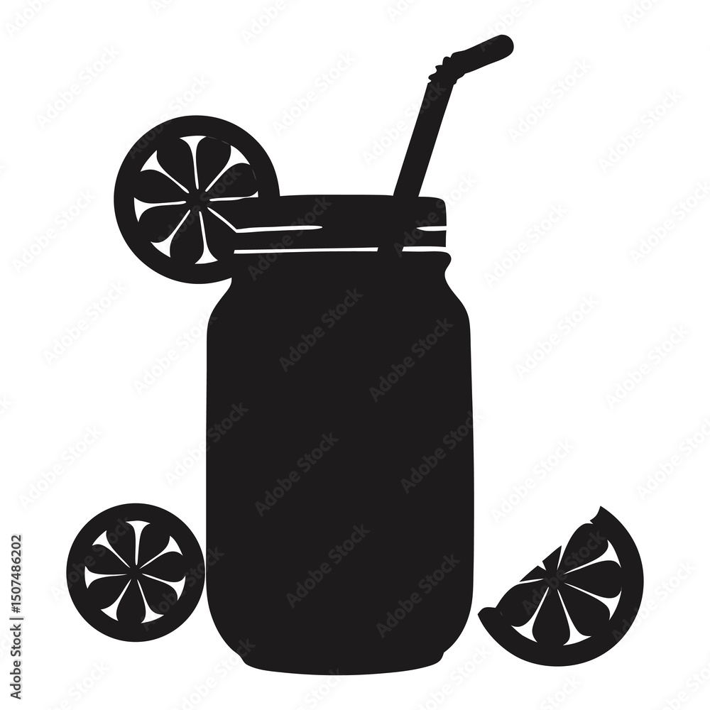 Poster silhouette illustration of mason jar with a straw and citrus slices isolated on a transparent backgr