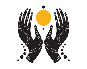 meditation, energy, or reiki therapy hand doodle hand drawn icon or emblem, logo. drawing energy magical hands line clipart symbol. 