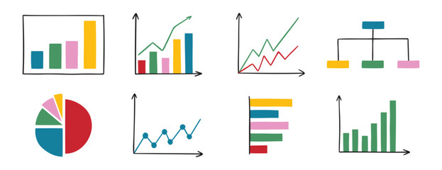 charts and graphs doodle hand drawn icon set. Different types of charts for business presentation. data and analytics diagram cartoon concept drawing