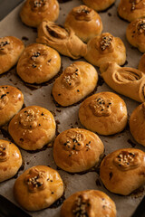 Ruddy homemade little pies sprinkled with sesame seeds on top
