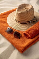 Summer beach essentials straw hat sunglasses orange towel