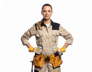 Female Mechanic with Toolbelt &ndash; Standing, Greasy Hands, Workwear