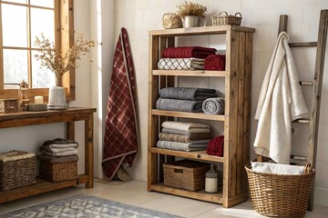 Rustic wooden shelf with stacked blankets and towels