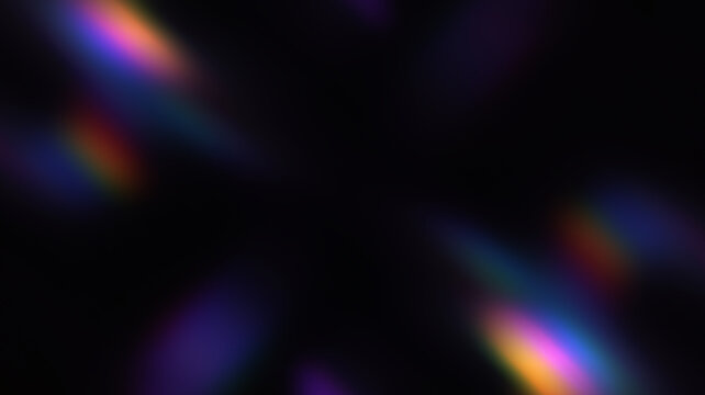 Abstract background with overlapping, iridescent lens flare effects in rainbow colors on a dark surface. Futuristic light leak visual for modern design projects or dynamic digital art with glitter.