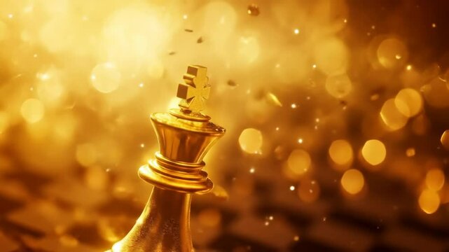 Golden chess king topples amidst glowing bokeh, symbolizing decline and strategic movement