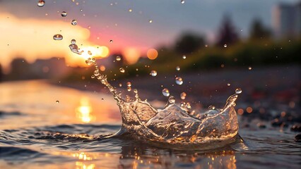 Water droplet splash at sunset golden hour