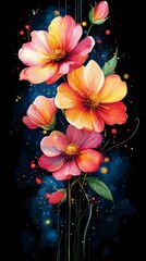Vibrant digital painting of colorful flowers with bright petals on a dark background, ideal for floral designs and art prints.