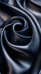 Close-up of dark blue satin fabric in a spiral pattern, showcasing its smooth texture and soft sheen, ideal for fashion and textile designs.