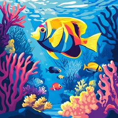 Naklejka premium Colorful underwater scene with vibrant fish and coral.