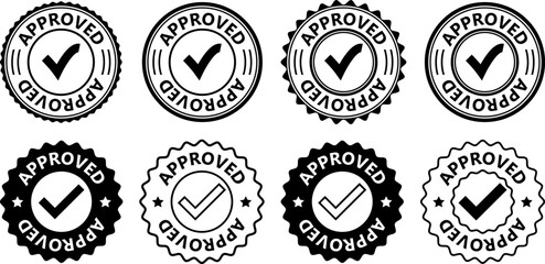 Collection of black and white approved checkmark rubber stamp icons in various badge shapes including circular and scalloped styles perfect for quality certification branding