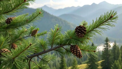 Pine branch with cones mountain background