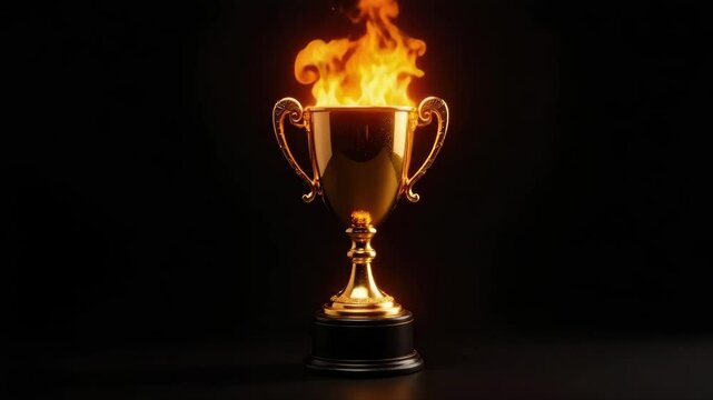 The golden trophy on a black background smokes around a fierce and fiery concept of competition or victory.