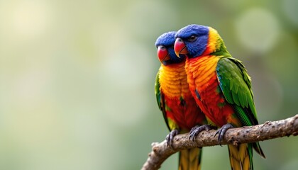 Fototapeta premium Two Rainbow Lorikeets Perched on a Branch in Nature Vivid Colors Tropical Birds