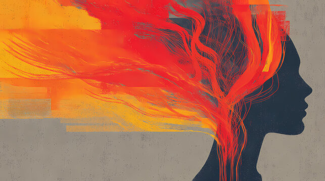 Cognitive dissonance cognition fiery female silhouette with vibrant colors representing the explosion of creativity and innovation emanating from the human mind. Conceptual Dissonance. Illustration