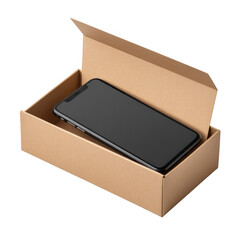 Smartphone in open cardboard packaging box