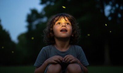 Young Child with Curly Hair Looking Up in Genuine Awe and Excitement at Twinkling Fireflies in a Park at Dusk; Magical Childhood Wonder, Summer Nights, and Connection with Nature