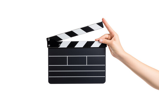 Clapperboard action being started by hand isolated on white background