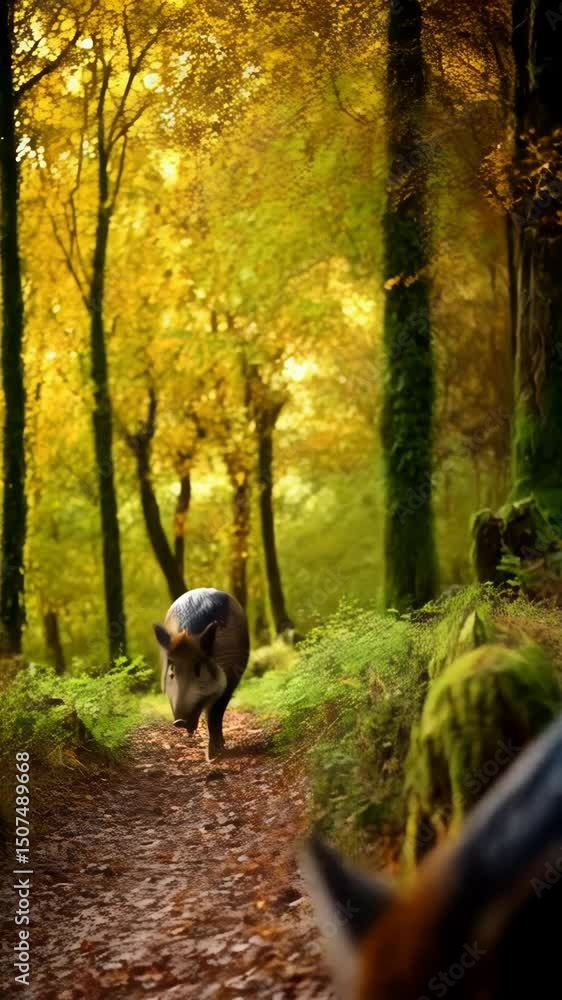 Poster wild boar walking on a forest path covered with autumn leaves, illuminated by soft light, creating a