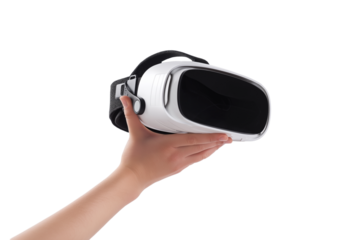  hand gently holding sleek modern VR headset isolated on white background