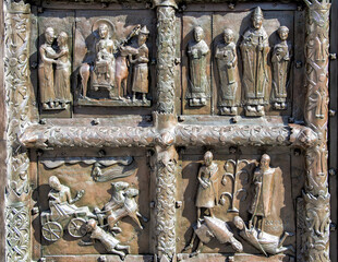 Detail of Magdeburg gates. Bronze temple gates of St. Sophia Cathedral in Novgorod, Russia. Snatched by Novgorodians from Swedish town of SIgtuna in 1187