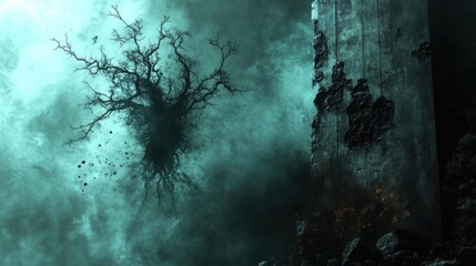 Fototapeta premium Mystic Tree, Ruins, Fog, Dark Fantasy