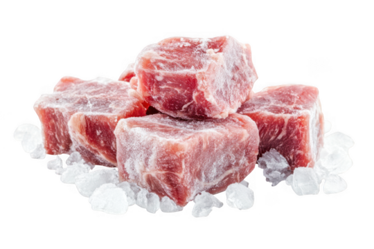 Frozen meat cubes isolated on transparent background