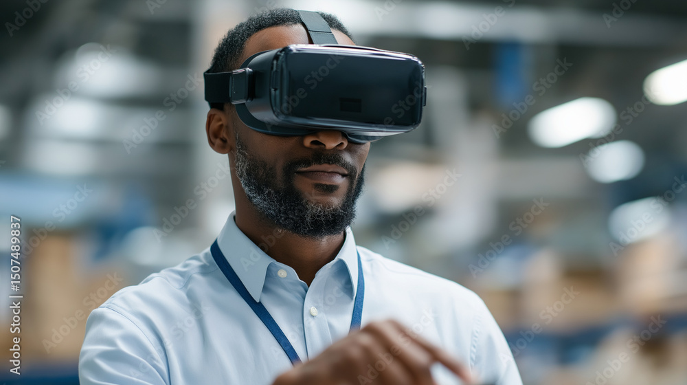 Poster future technology simulation by african descent scientist in vr