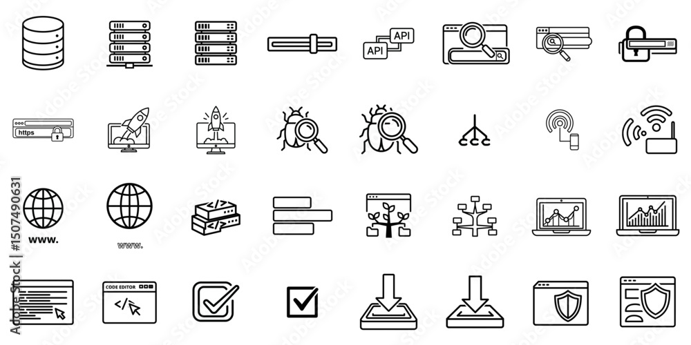 Poster web development icon set featuring technology symbols