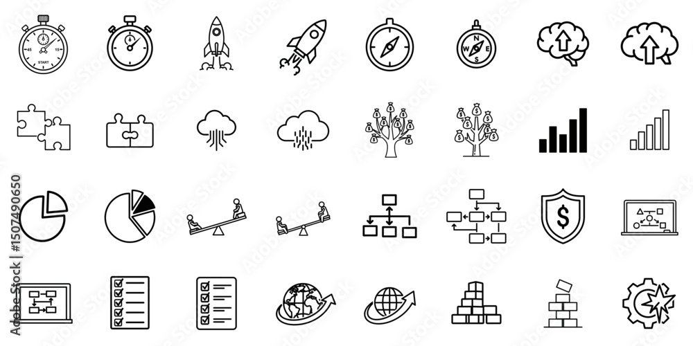 Poster business strategy icon set in vector style with graphs and symbols