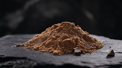 Heap of Chocolate Protein Powder on Dark Slate Background