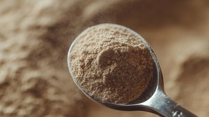 Measuring Spoon Filled with Vanilla Protein Powder