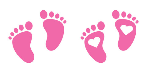 Baby footprint in the heart.Vector stock illustration for poster. Symbol of pregnancy or childbirth.White baby footprints in black heart.Baby footprints inside of  heart. Pink and Blue Baby Footprint.