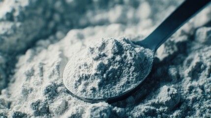 Measuring Spoon Resting on Protein Powder Heap.