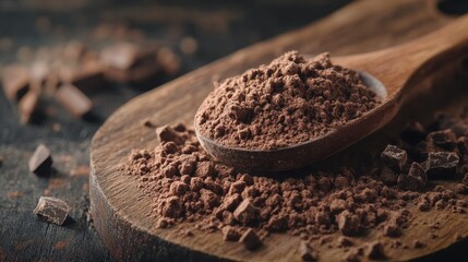 Scoop of Chocolate Whey Protein on Wooden Board
