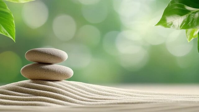 Zen Harmony: Serene composition featuring a balanced stack of pebbles on a bed of fine sand, with vibrant green leaves. The soft bokeh background adds a tranquil atmosphere.