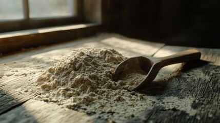 Heap of protein powder with scoop on wooden surface